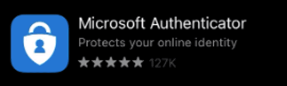 Microsoft Authenticator app store listing showing a blue lock icon, the app name, the tagline Protects your online identity, and a five-star rating