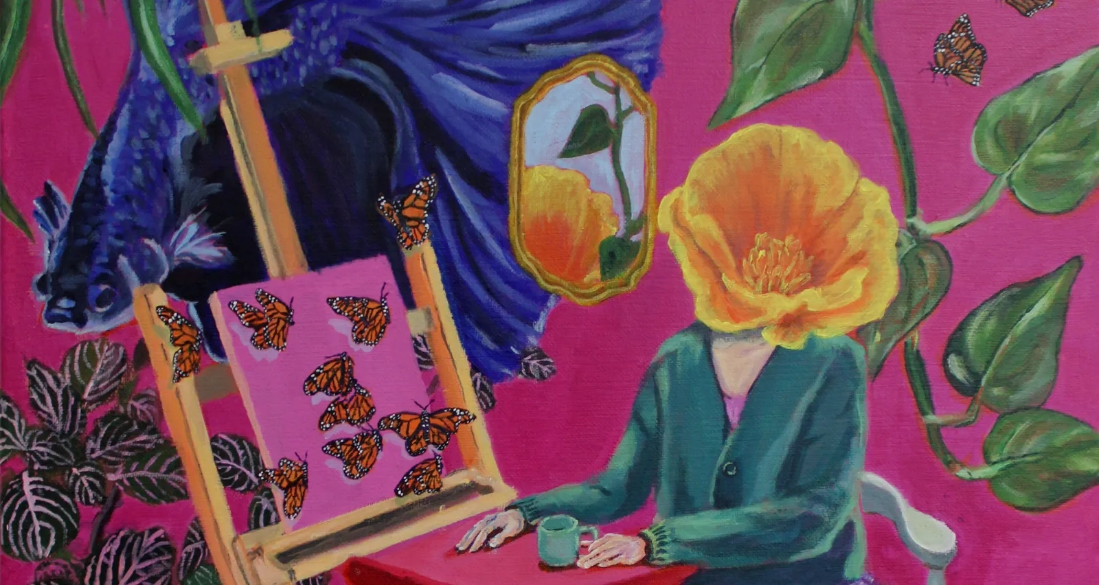 Surreal oil painting of a figure with a yellow flower head sitting at a table next to an easel, with a large blue betta fish swimming in a vibrant pink background surrounded by monarch butterflies.
