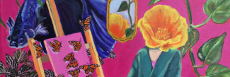 Surreal painting on a bright pink background depicting a figure in a teal jacket whose head is a large yellow flower. To the left, a small easel displays monarch butterflies on a pink canvas while a large blue betta fish swims overhead near a small framed mirror reflecting the flower and leaf.