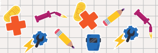 Graph Paper Background with multiple graphics portraying different careers: bandaid for health careers, welding helmet for welding, pencil for education, etc.